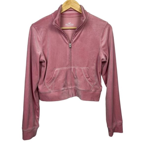 Y2K Hollister Blush Pink Velour Zip Up Cropped Tracksuit Jacket Medium - Picture 1 of 7